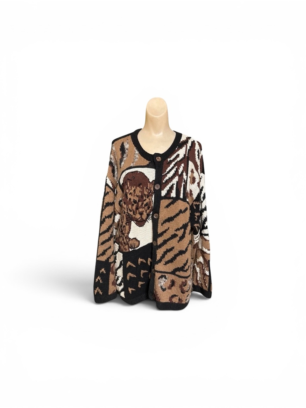 Vintage 1980s Lisa International Safari Animal Print Cardnigan Sweater XL OS